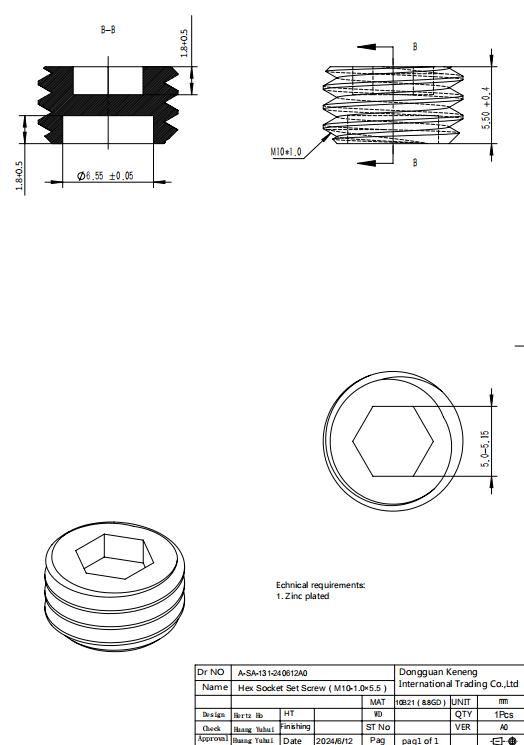 Specifications of Socket Set Screw M10 x 1.00